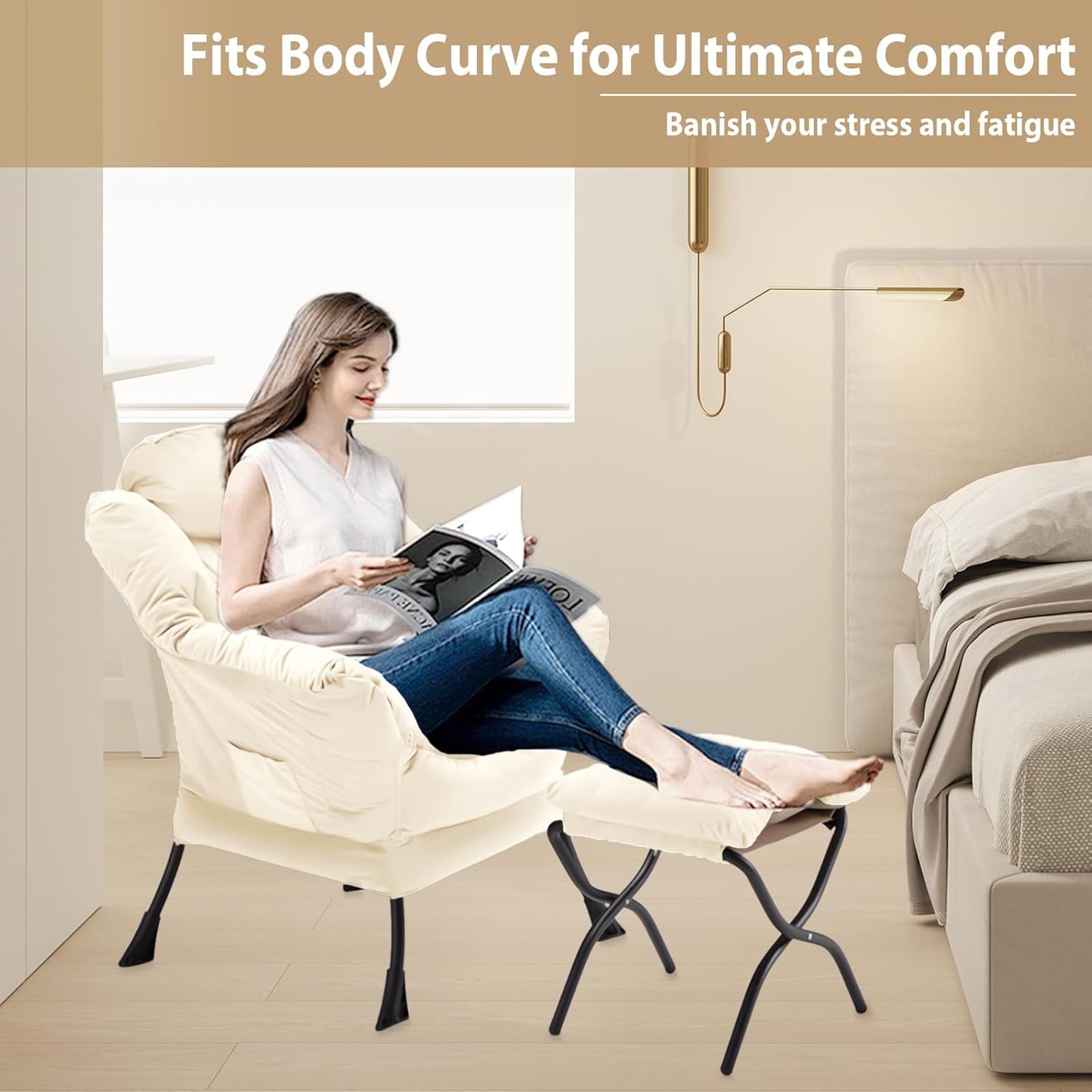 Lazy Chair with Folding Ottoman, Accent Chair Velvet Upholstered with Metal Structure and Non-Slip Pads, Sofa Armchair with Footrest and Side Storage Bag for Dorm, Room, Office, Beige