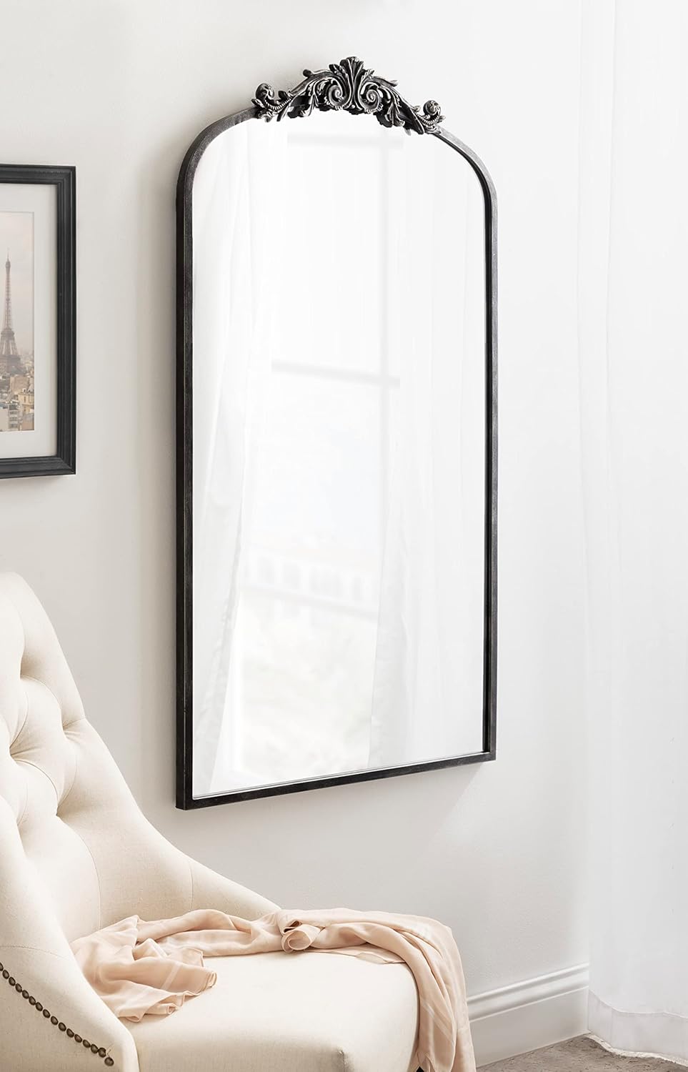 Kate and Laurel Arendahl Vintage Glam Arched Tall Panel Mirror; 24 x 42; Antique Black; Traditional Baroque Large Body Wall Mirror with Ornate Garland Inspired Crown