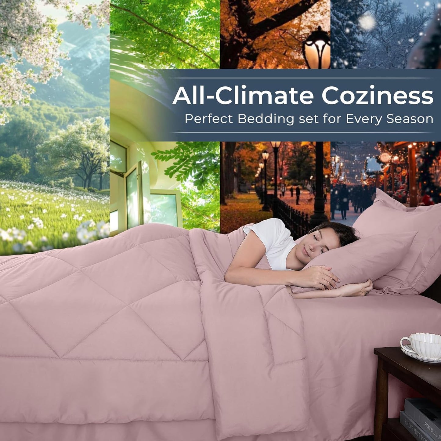 HEVUMYI Rose Gold Full Comforter Set - 7-Piece All Season Bed in a Bag Full, Ultra Soft Bedding Set with Comforter, Flat Sheet, Fitted Sheet, Pillowcases, Pillow Shams