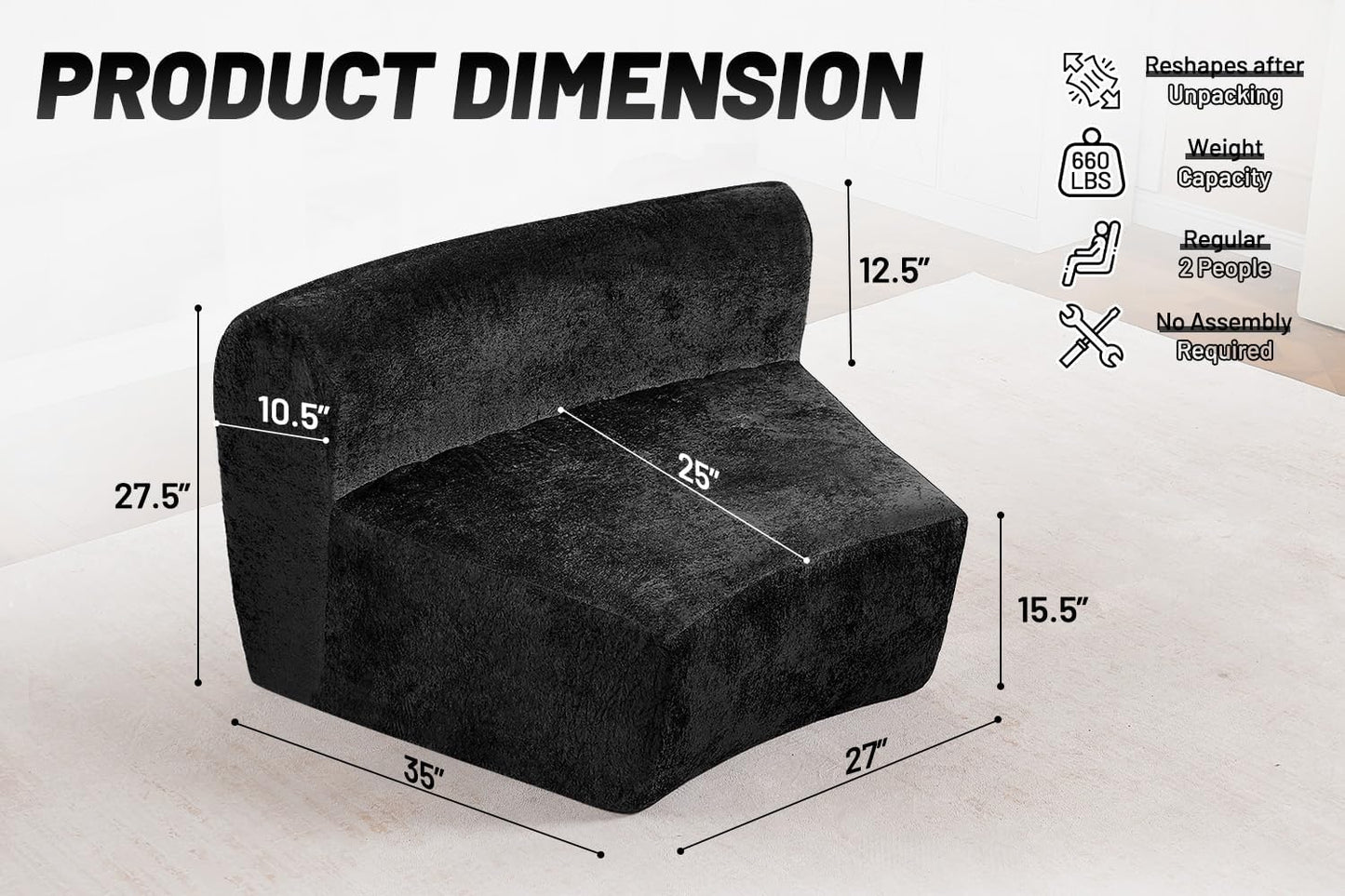 Homguava Modular Sectional Sofa, Memory Foam Couch Single Sofa Chair with Deep Seat, Modern Upholstered Sofa Couches for Living Room Apartment Office, No Assembly Required, Black