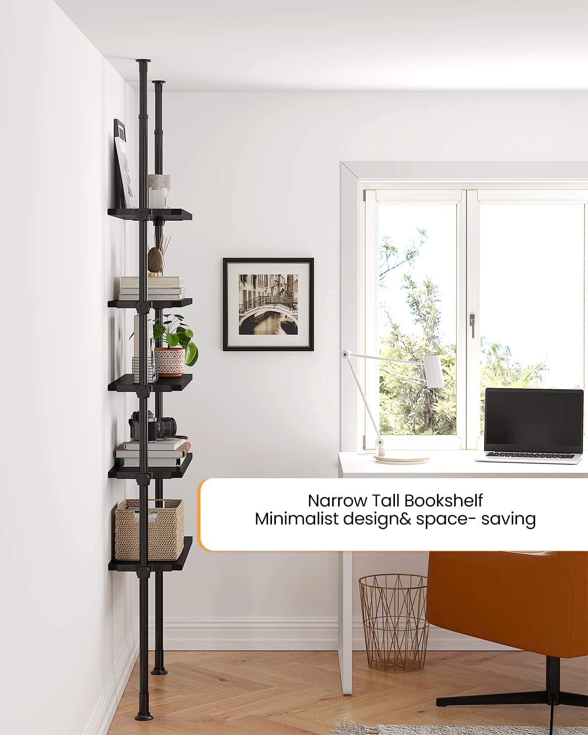 ALLZONE 5 Tiers Narrow Bookshelf, Tall Adjustable Ladder Book Shelf with Open Storage, Floor to Ceiling Tension Mount, Wooden Industrial Bookcase for Living Room, 92 to 116 Inch, Black