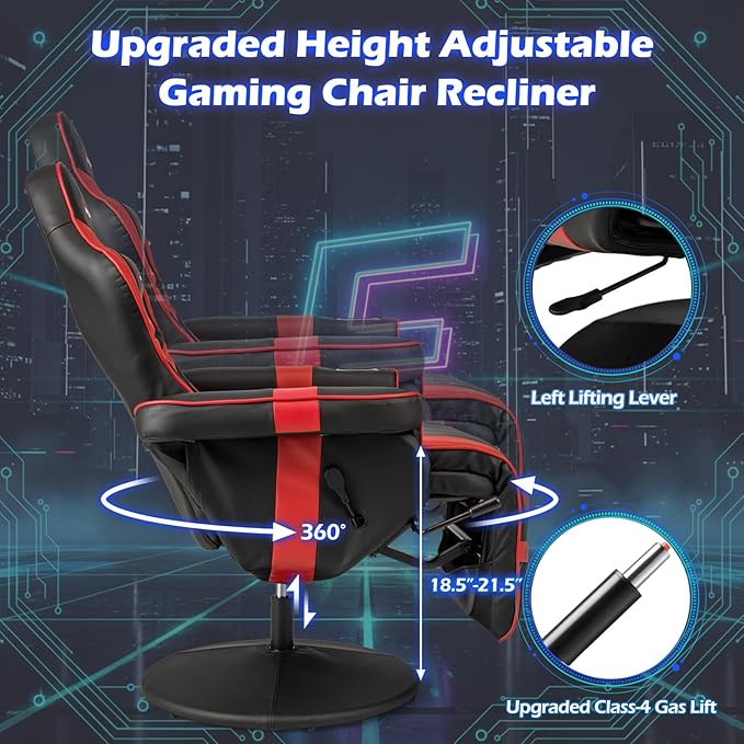 POWERSTONE Gaming Recliner, Adjustable Massage Gaming Chair with Cup Holder Footrest Ergonomic Single Sofa Living Room Home Theater Seating with Side Pouch (Red)