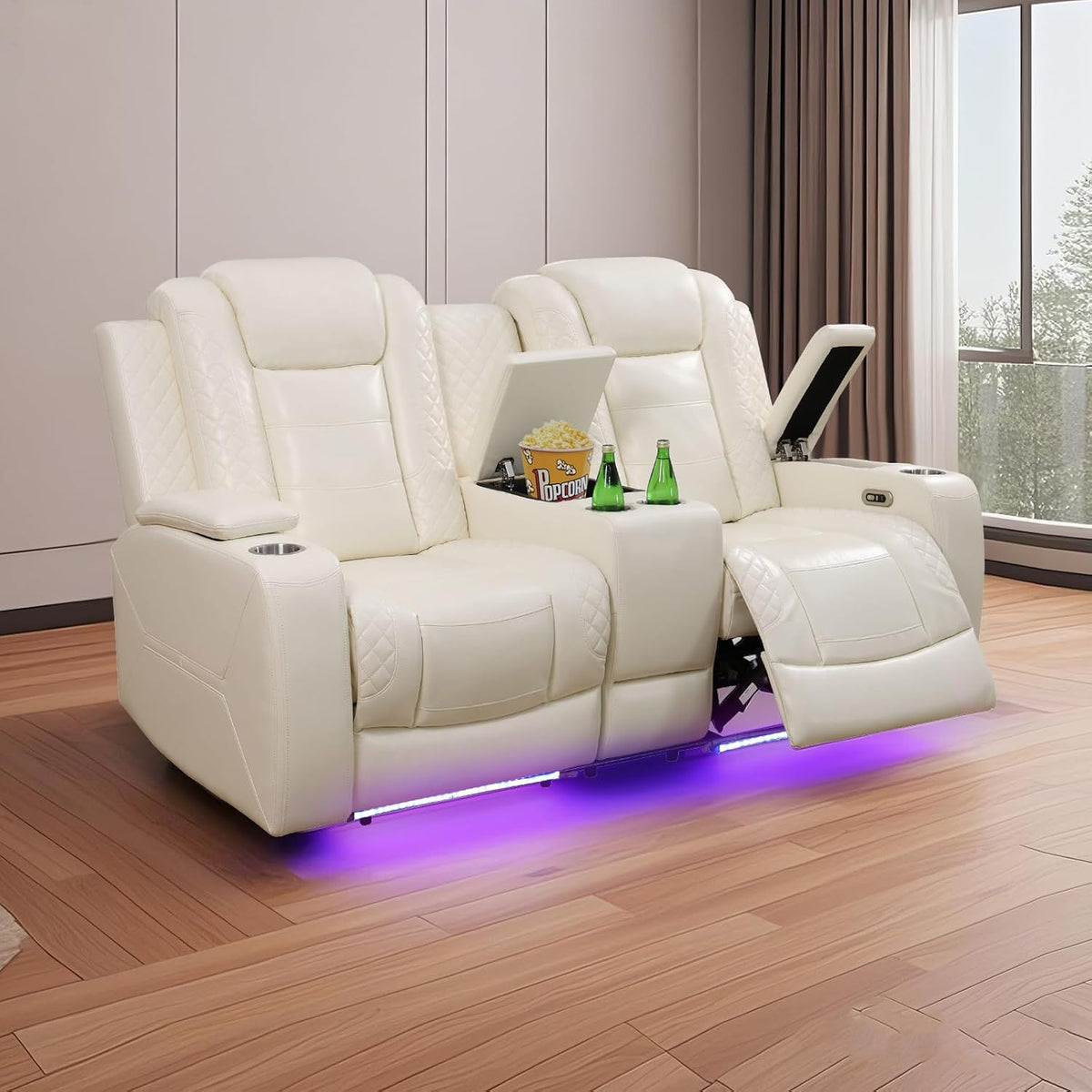 PU Leather Power Wall Hugger Chair Double Reclining Sectional Sofa 2-Seater Loveseat Couch with Center Storage Console & Armrests, USB Port, 4 Cup Holders and LED for Living Room RV Theater Seating