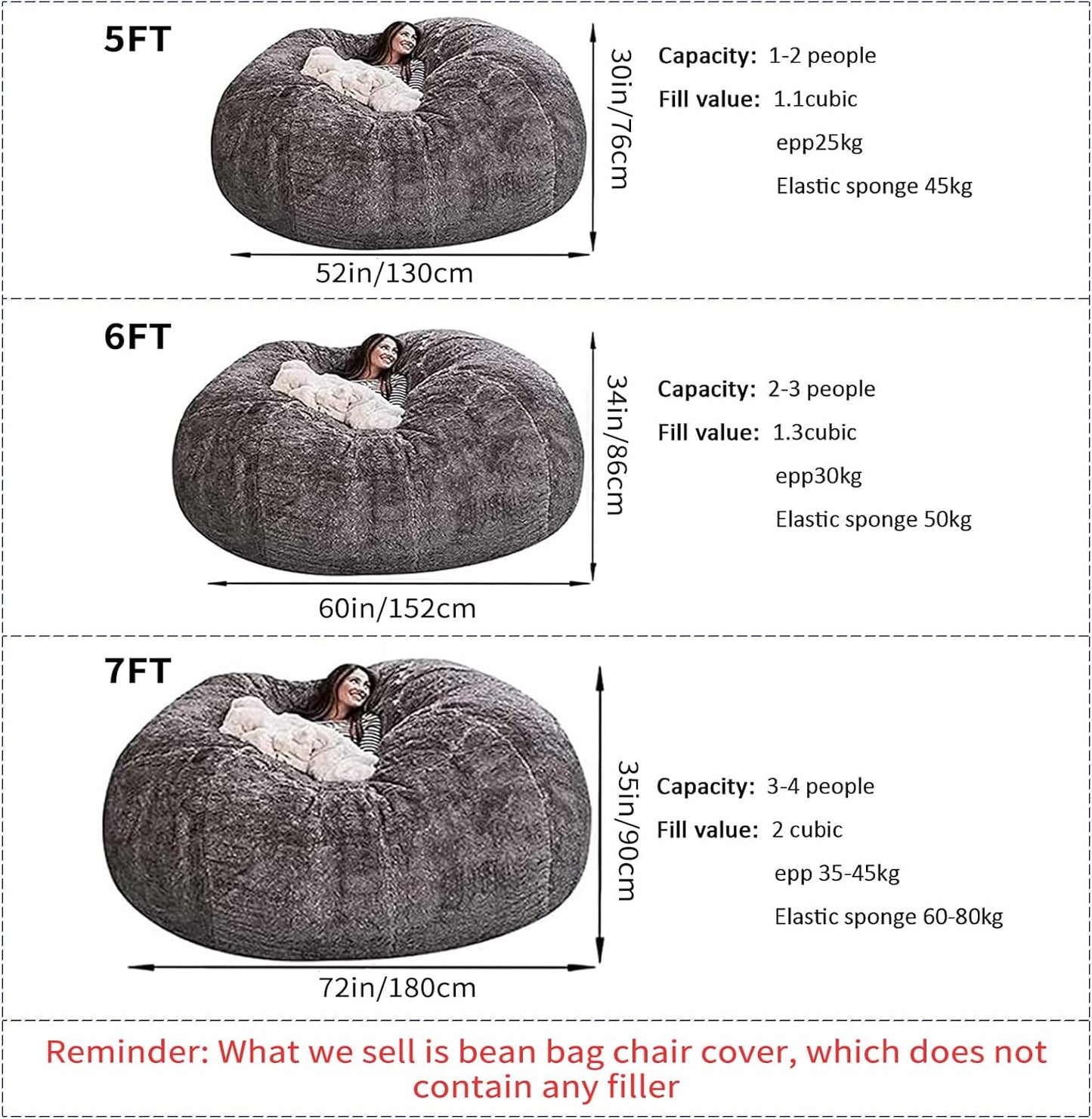 Giant Fur Bean Bag Chair Cover for Kids Adults, (No Filler) Living Room Furniture Big Round Soft Fluffy Faux Fur Beanbag Lazy Sofa Bed Cover (Light Pink, 5FT)