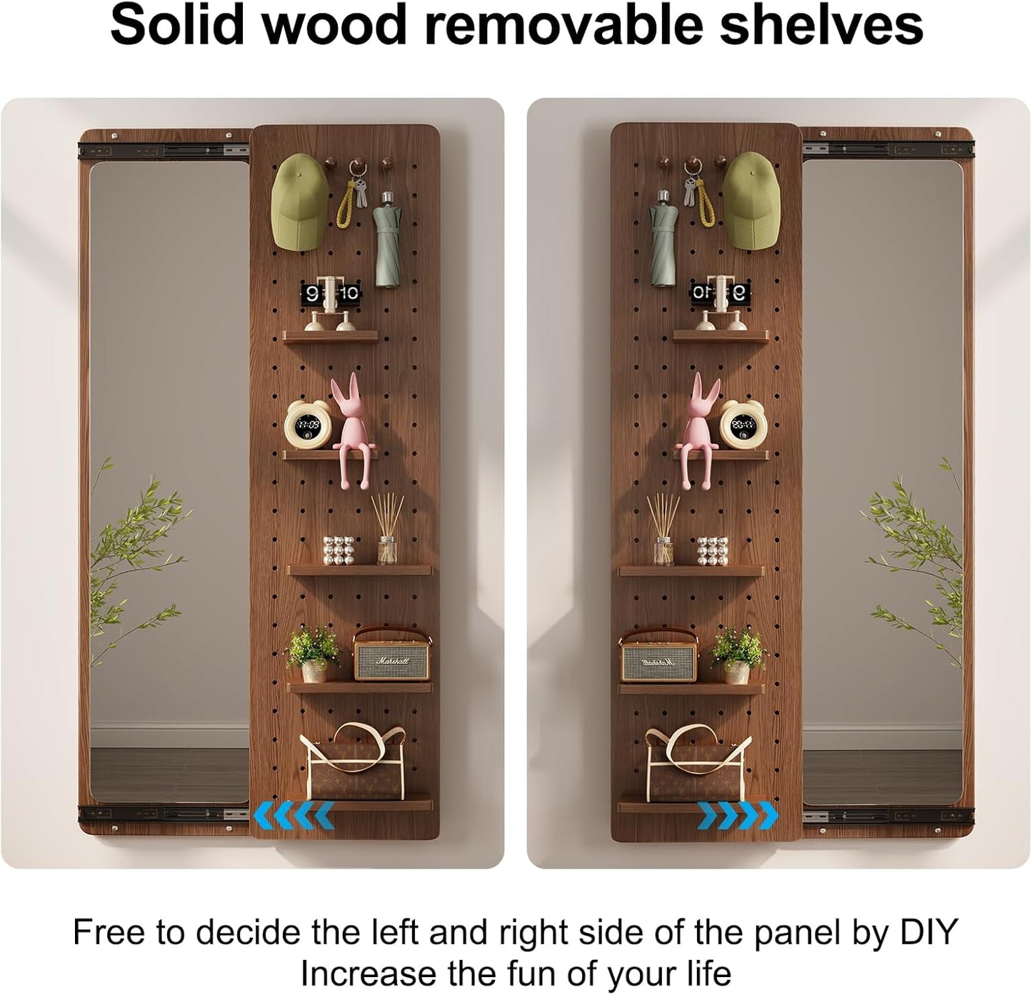 KungFuWood Full Length Mirror with Shelf and Hooks,Entry Way Mirrors for Wall,Wall Mirror with Shelf,Wall Mirror with Storage Multifunctional Design Panel,Living Room