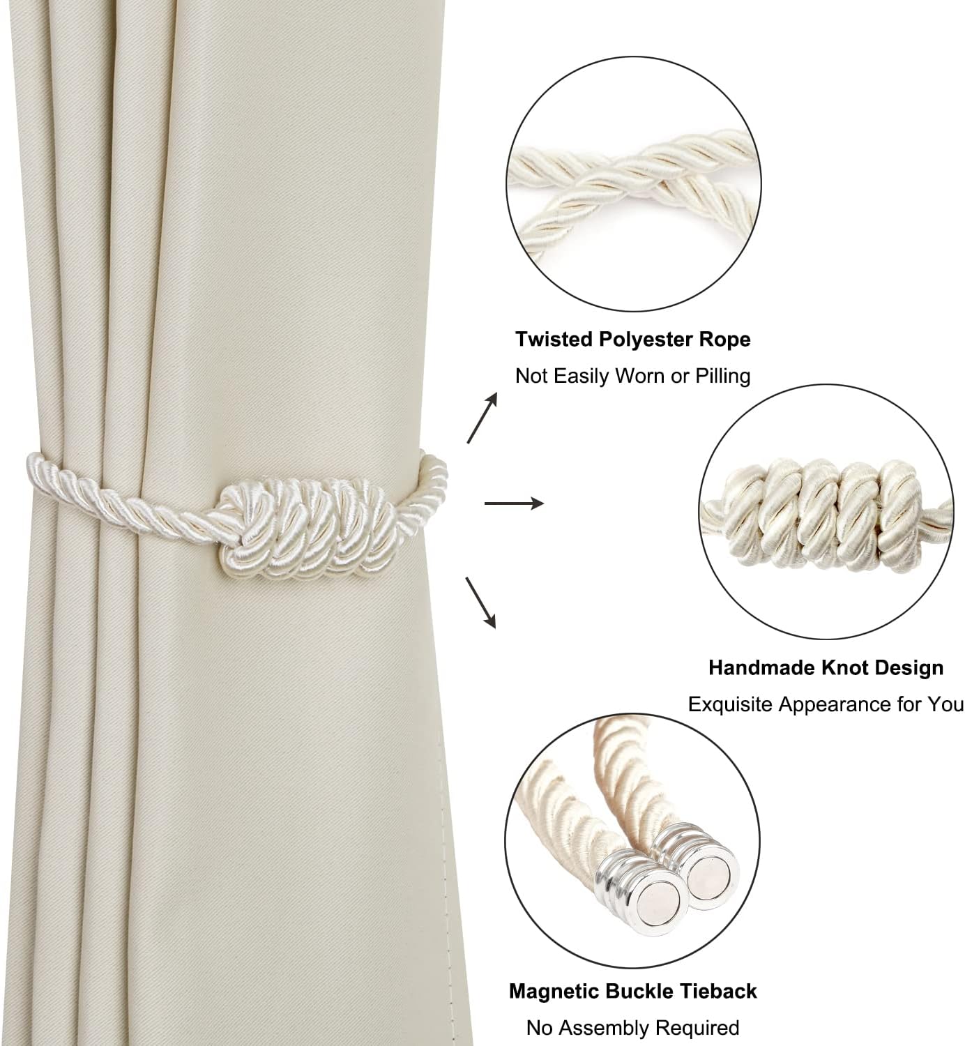 BEL AVENIR Magnetic Curtain Tiebacks, Decorative Drapery Holdbacks Modern Woven Tie-Backs with Exquisite Knot (Beige, 4 Pack)