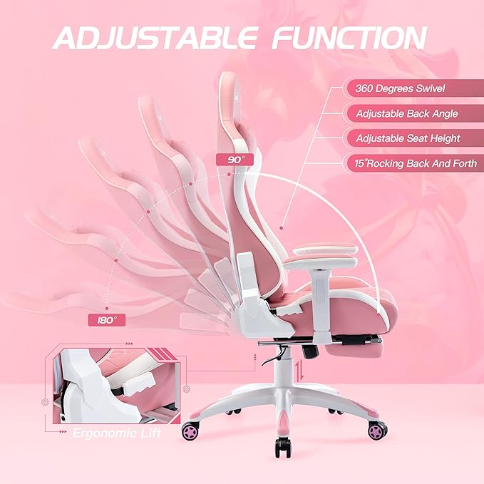 S*MAX Pink Gaming Chair with Footrest Thicken Seat Ergonomic Pink Gamer Chair with 3D Armrest PU Leather Headrest and Lumbar Support High Back Gaming Chair for Girls Pink White