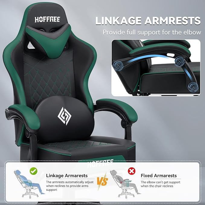 HOFFREE Gaming Chair with Speakers Massage Computer Gaming Chair with Pocket Spring Cushion for Adults Reclining Gamer Chair with Bluetooth Video Game Chairs with Footrest Green and Black