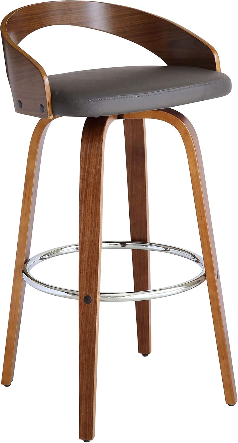 Armen Living Sonia 30" Bar Height Swivel Gray Faux Leather and Walnut Wood Bar Stool - Set of 2