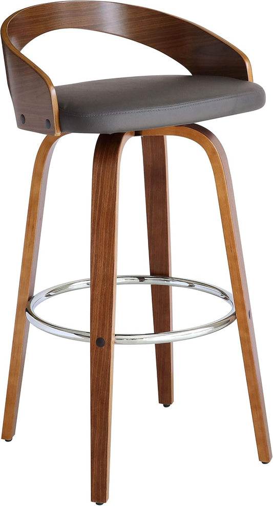 Armen Living Sonia 30" Bar Height Swivel Gray Faux Leather and Walnut Wood Bar Stool - Set of 2