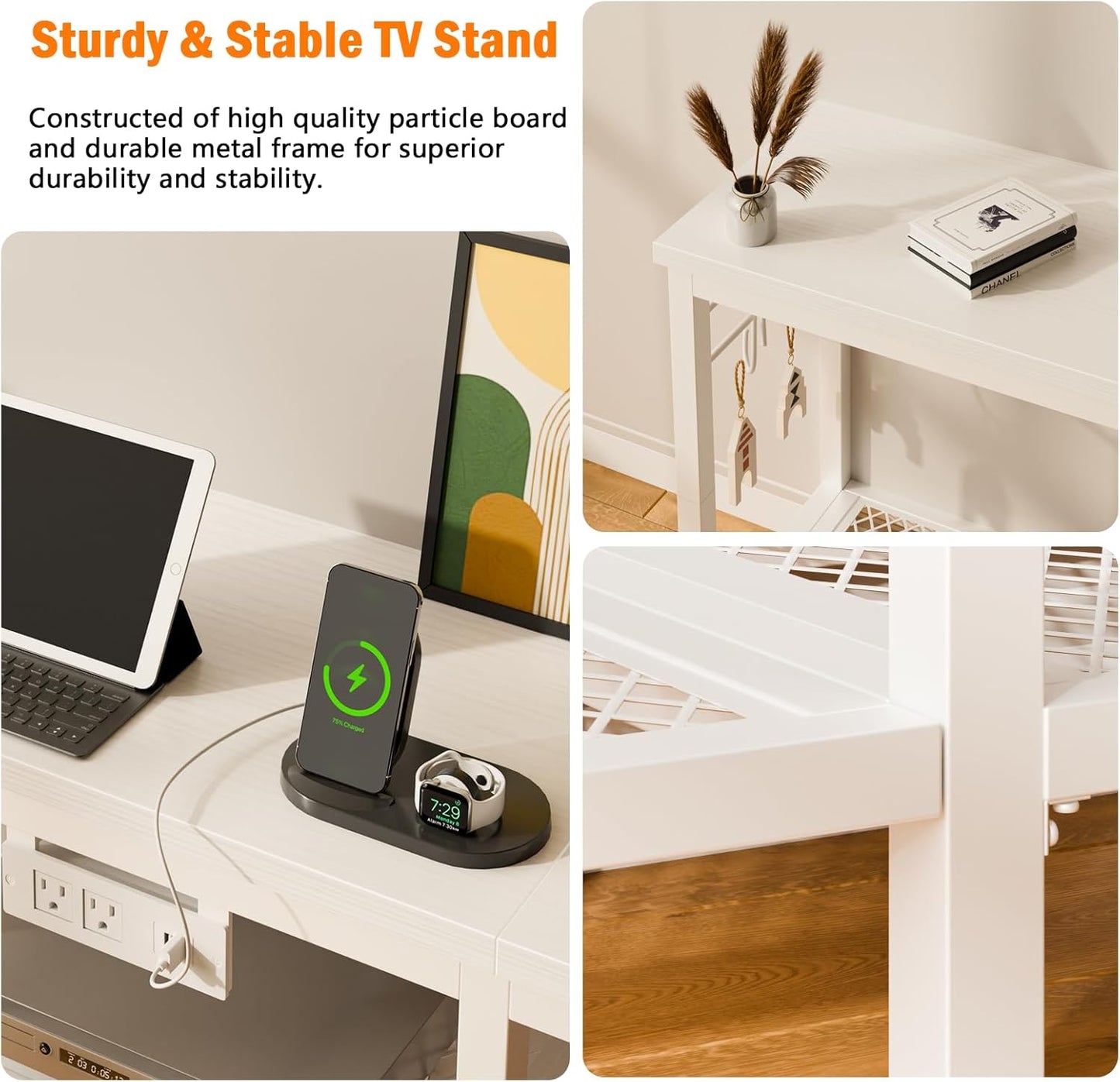 Furologee TV Stand with Power Outlets, Entertainment Center with Open Storage Shelves for TVs up to 55 Inch, TV Media Console Table with Soundbar Shelf for Living Room, Bedroom, White