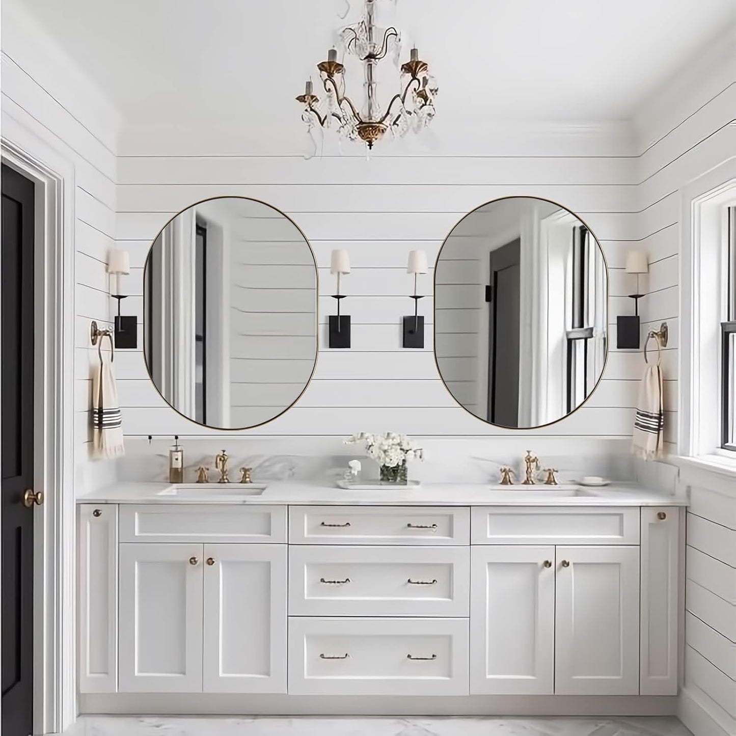 ANDY STAR Brass Bathroom Mirror for Wall, 30x40 Gold Oval Mirrors for Bathroom, Brass Oval Mirrors, Pill Shaped Mirror, Large Vantiy Mirror Stainless Steel 1’’ Deep Hang Vertically & Horizontally