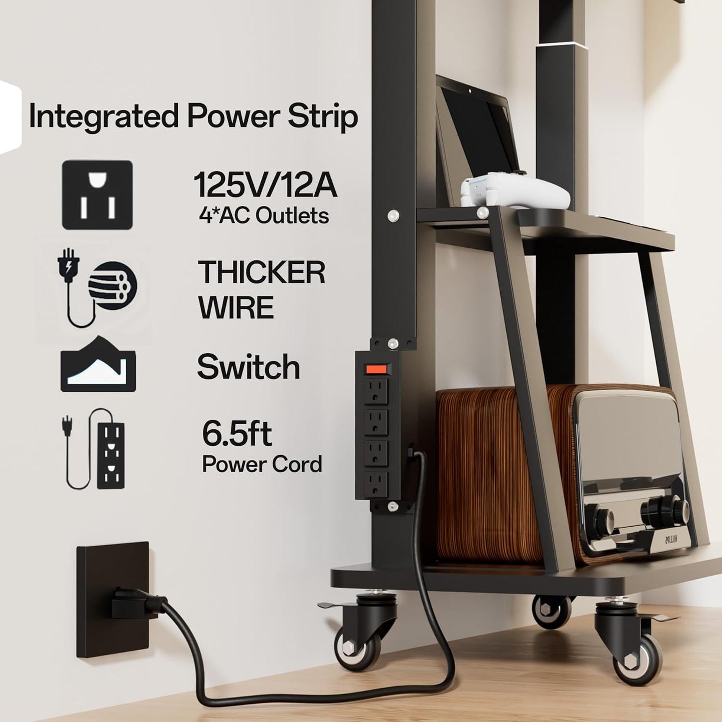 Mobile TV Cart with Power Outlet, Rolling TV Stand on Wheels for 32 to 65 70 75 83 inch TV, Height Adjustable,Holds up to 130LBS, Vesa 600×400mm.