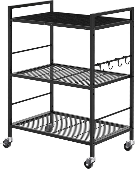 3-Tier Metal Storage Rack with Industrial Wheels,Mesh Shelving Unit with Wooden Table top,Adjustable Shelf,23.6-Inch Width,15.8-Inch Depth, for Kitchen, Laundry,Pantry,Plant,Black panel