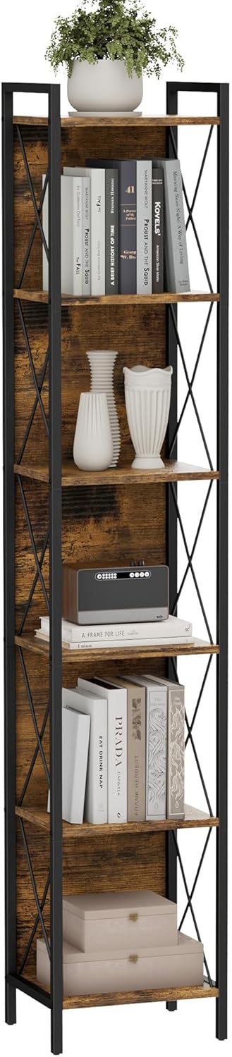 Homhedy 6 Tier Bookshelf Bookcase, Tall Narrow Bookshelf for Small Space, Metal Storage Shelves with Back Panel, for Home Office, Living Room, Kitchen, Bedroom, Industrial Style, Rustic Brown
