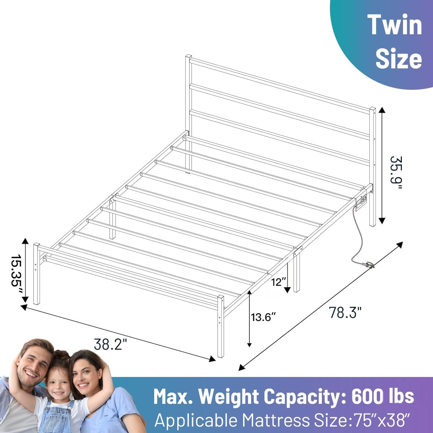 Twin Bed Frame with Headboard,Heavy Duty Steel Slats Support-LED Bed Frame with USB Charging Station,Mattress Foundation-Under Bed Storage,No Box Spring Needed,Noise Free，Black