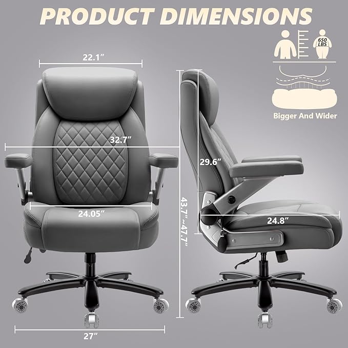 650LBS Large Heavy Duty Office Chair with 5D Flip Arms,Comfy Big and Tall Executive Office Desk Chair with Pocket Spring Cushion,High Back Computer Chair with Lumbar Support,Dual Rubber Wheel