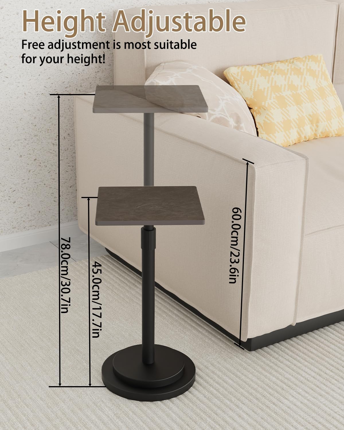 Versatile End Table with Metal Base, Height Adjustable, Vintage Square Indoor Metal Plant Stand, for Sofa, Bedside Small Couch, Living Room and Bedroom, 1 Pack, Dark Brown, GBZ001SZ-1