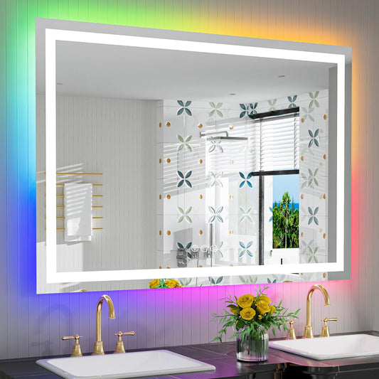 50x32 Inch RGB LED Bathroom Mirror Front Light and RGB Backlit Lighted Vanity Mirror for Bathroom Wall Mounted Dimmable Anti Fog Memory Shatter-Proof IP54 Waterproof Horizontal/Vertical
