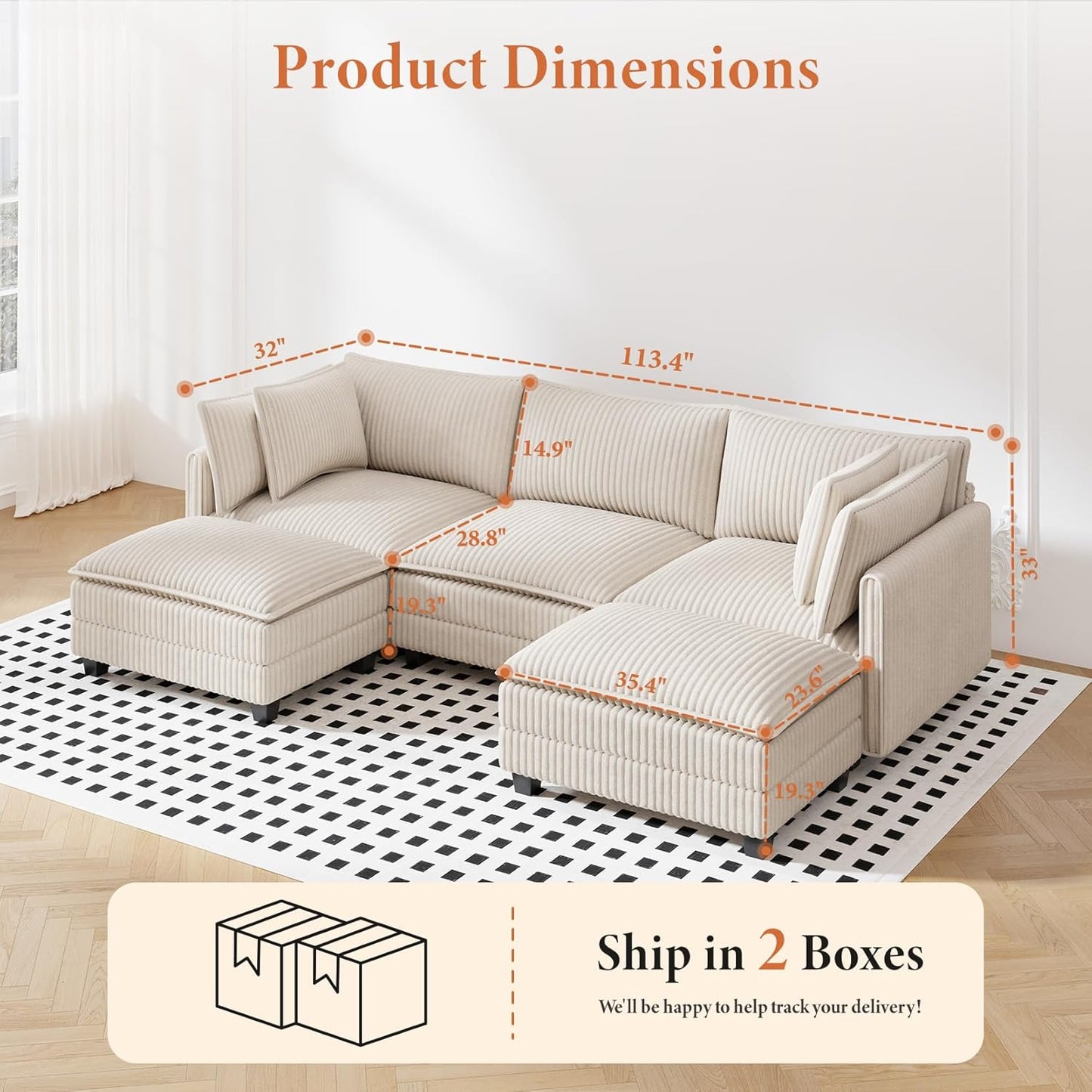 Vesgantti 109" U Shaped Cloud Sectional Sofa, Comfy Corduroy Upholstered Sectional Modular Sofas for Living Room, Modern Modular Couch with 2 Ottoman Deep Seat, Beige