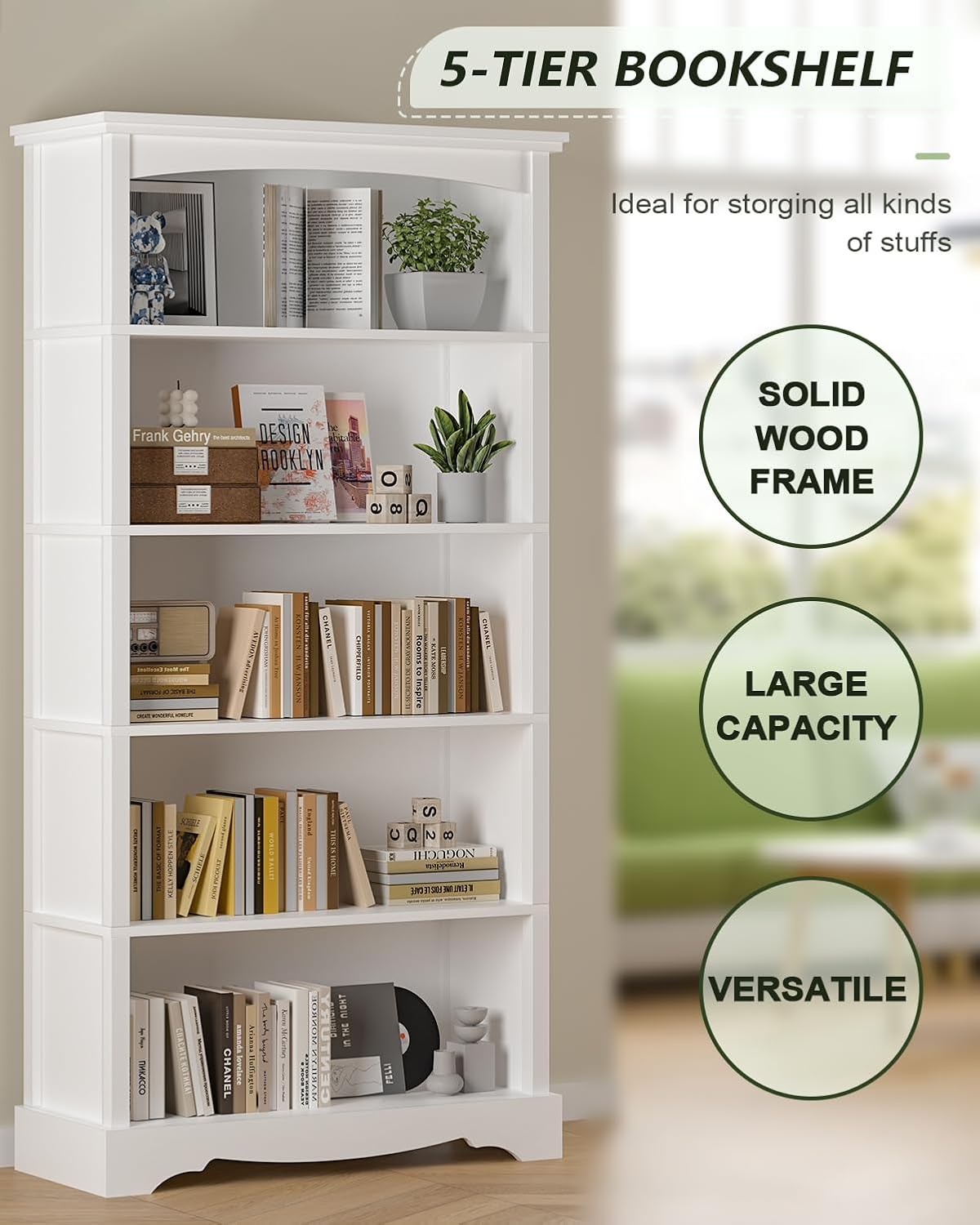 TVU 5-Tier Wooden Bookshelf, 65 Inch Tall Bookshelf with Storage, Floor Standing Modern Style Display Bookcase for Living Room, Office, Study Room, Entryway, White