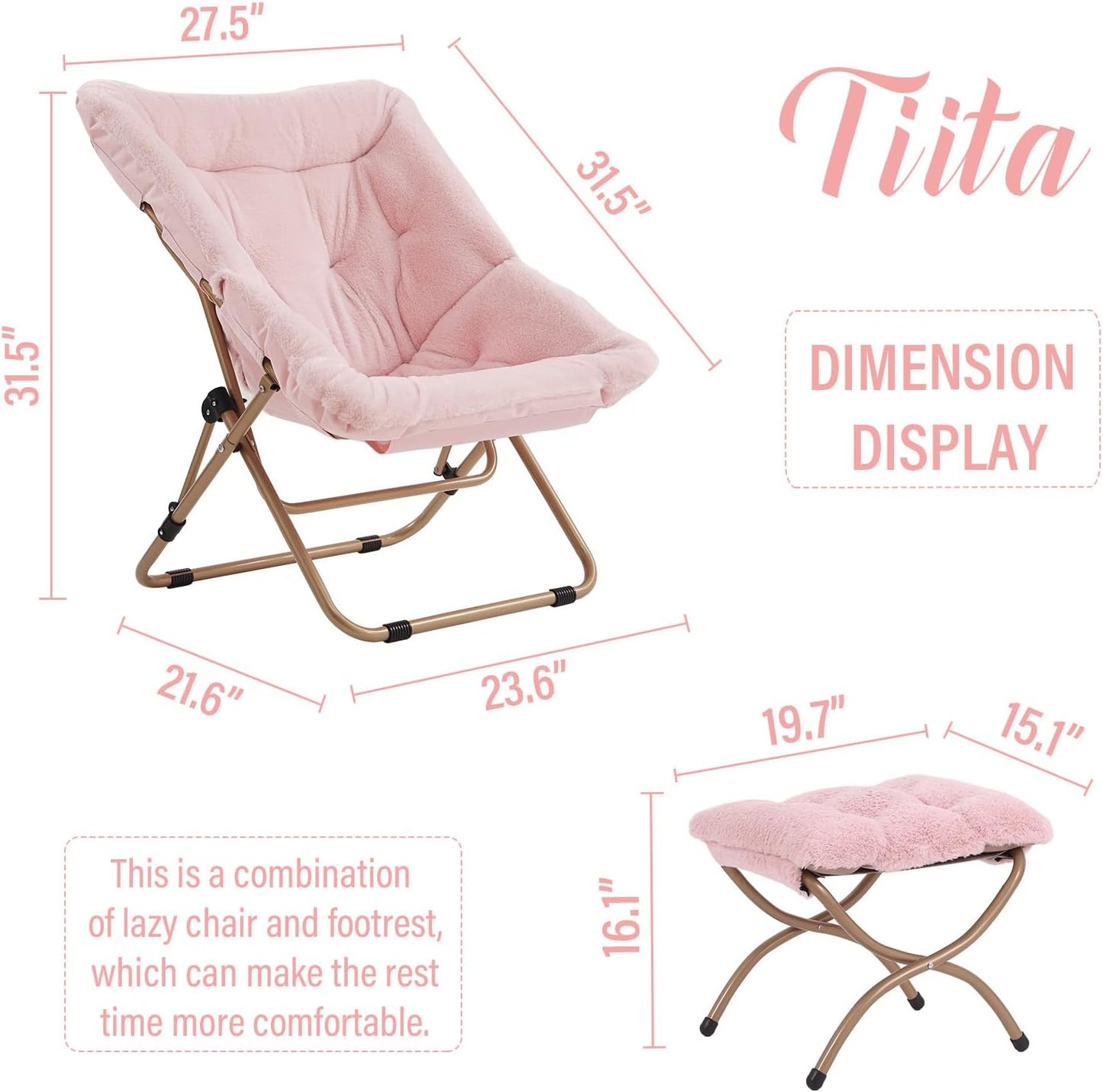 Tiita Folded Chair with Ottoman, Soft Faux Fur Oversized Folding Accent Chair,Lounge Lazy Chair, Metal Frame Moon Chair for Bedroom, Living Room, Dorm Rooms, Garden and Courtyard