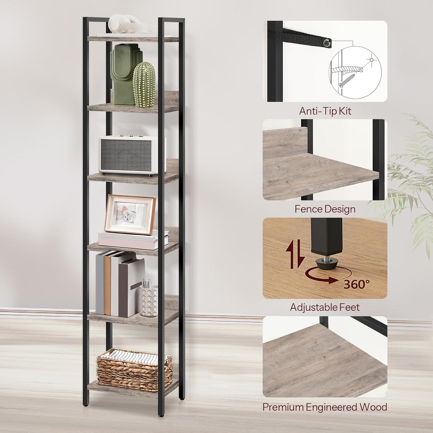 Bookshelf, 6-Tier Bookcase, Standing Book Shelf for Small Space, Storage Shelf Organizer, for Living Room, Bedroom, Study, Balcony, Greige and Black BKHG6601