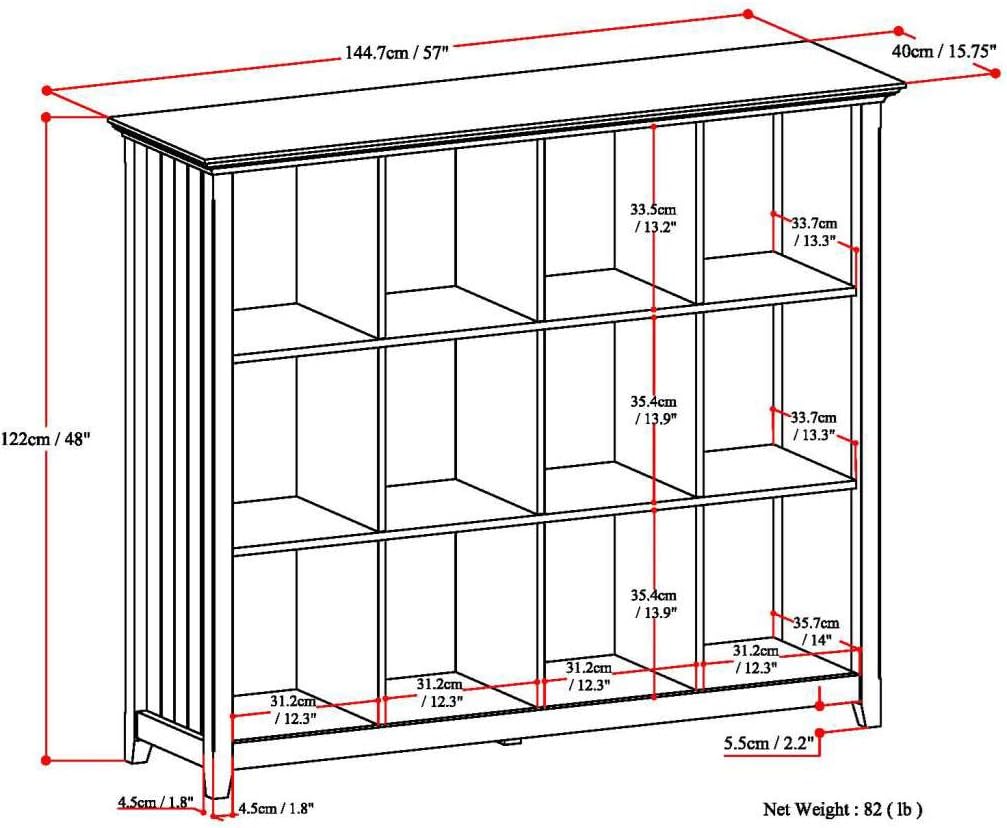 SIMPLIHOME Acadian Bookcase - 57 inch Tall 12-Cube Solid Wood Storage Display Unit in Distressed Grey, Transitional Cube Organizer for Living Room or Office with Fixed Shelves and Tapered Legs