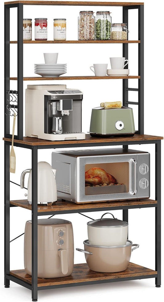 VASAGLE Coffee Bar, 31.5 Inches Baker's Rack for Kitchen with Storage, 6-Tier Kitchen Shelves with 6 Hooks, Microwave Stand, Industrial, Rustic Brown and Black UKKS019B01