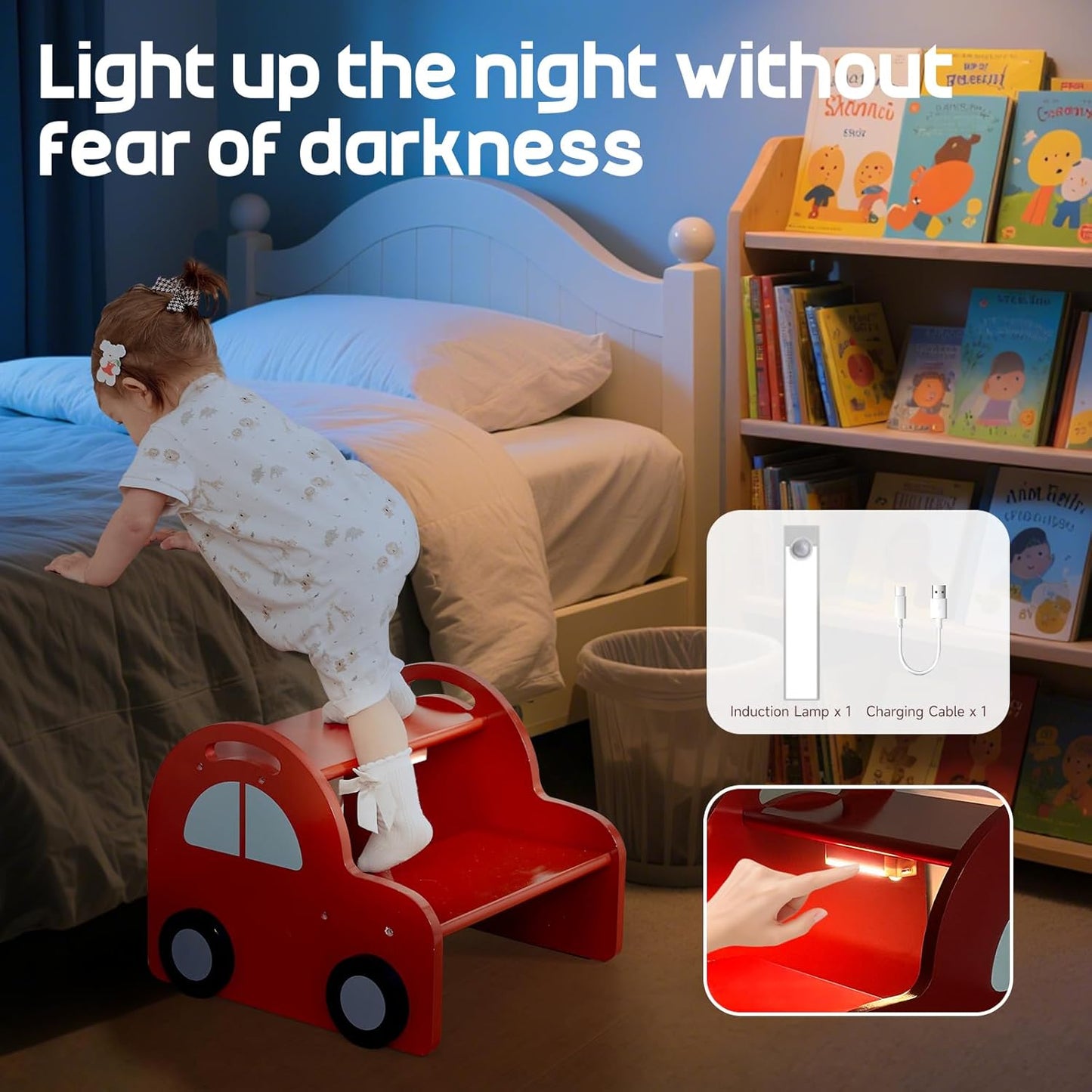 Wooden 2 Step Stool for Toddlers|Red Car Kids Stool with Handle and Non-Slip Sticker,Safety Bathroom Sink Stepstool for Boys & Girls,Children Foot Stool for Kitchen, Bedroom,and Toilet Training