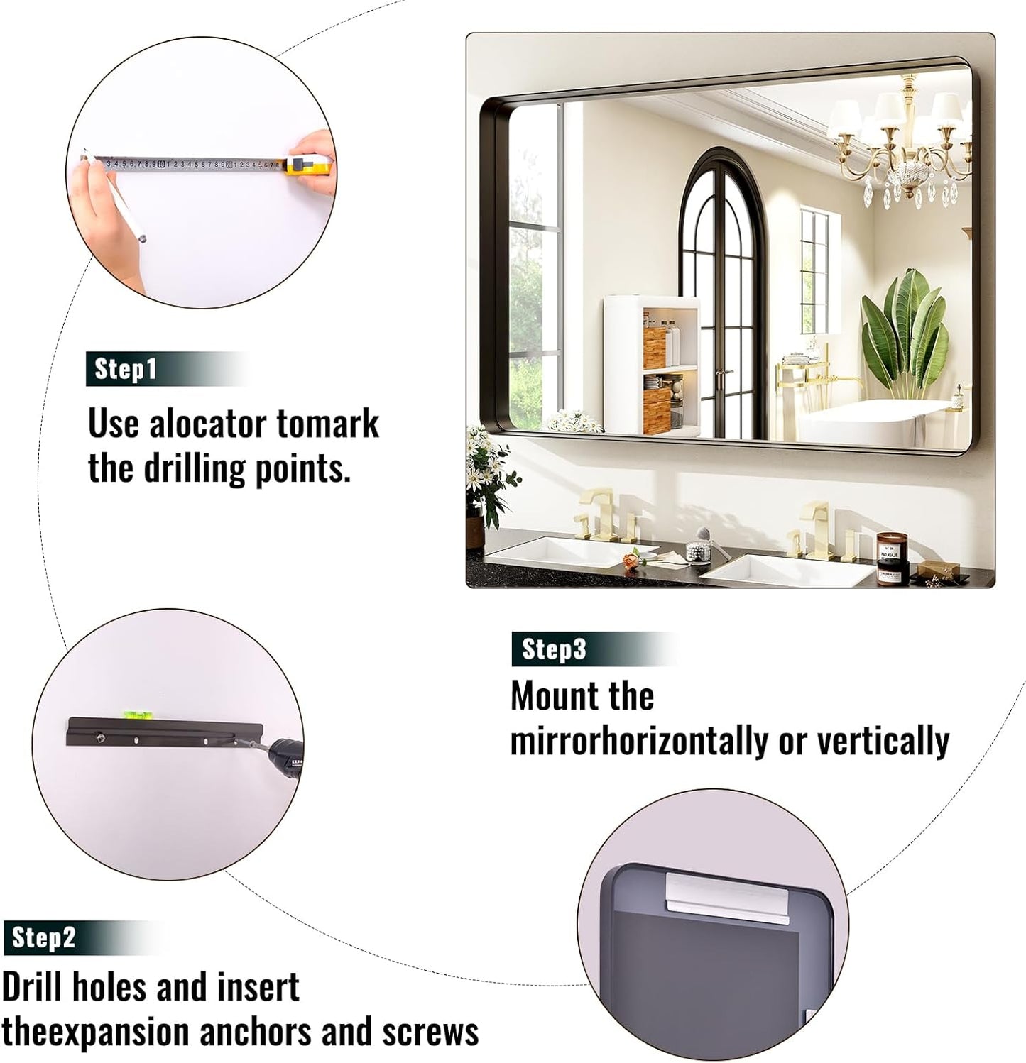 30"x40" Black Bathroom Mirror - Modern Mirror for Wall with Rounded Corners. Bathroom Mirrors for Vanity, Aluminum Alloy Framed Mirror Portrait or Landscape Hang, Rectangle Mirrors