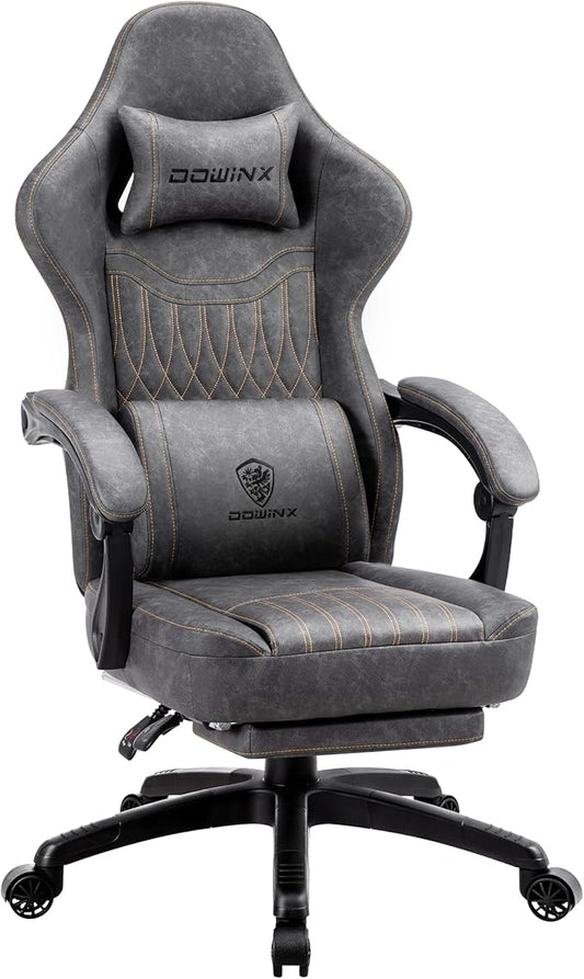 Dowinx Gaming Chair Breathable PU Leather Gamer Chair with Footrest Massage Lumbar Support, Big and Tall Ergonomic Reclining Computer Chair with Pocket Spring Cushion for Adults Teens (Grey)