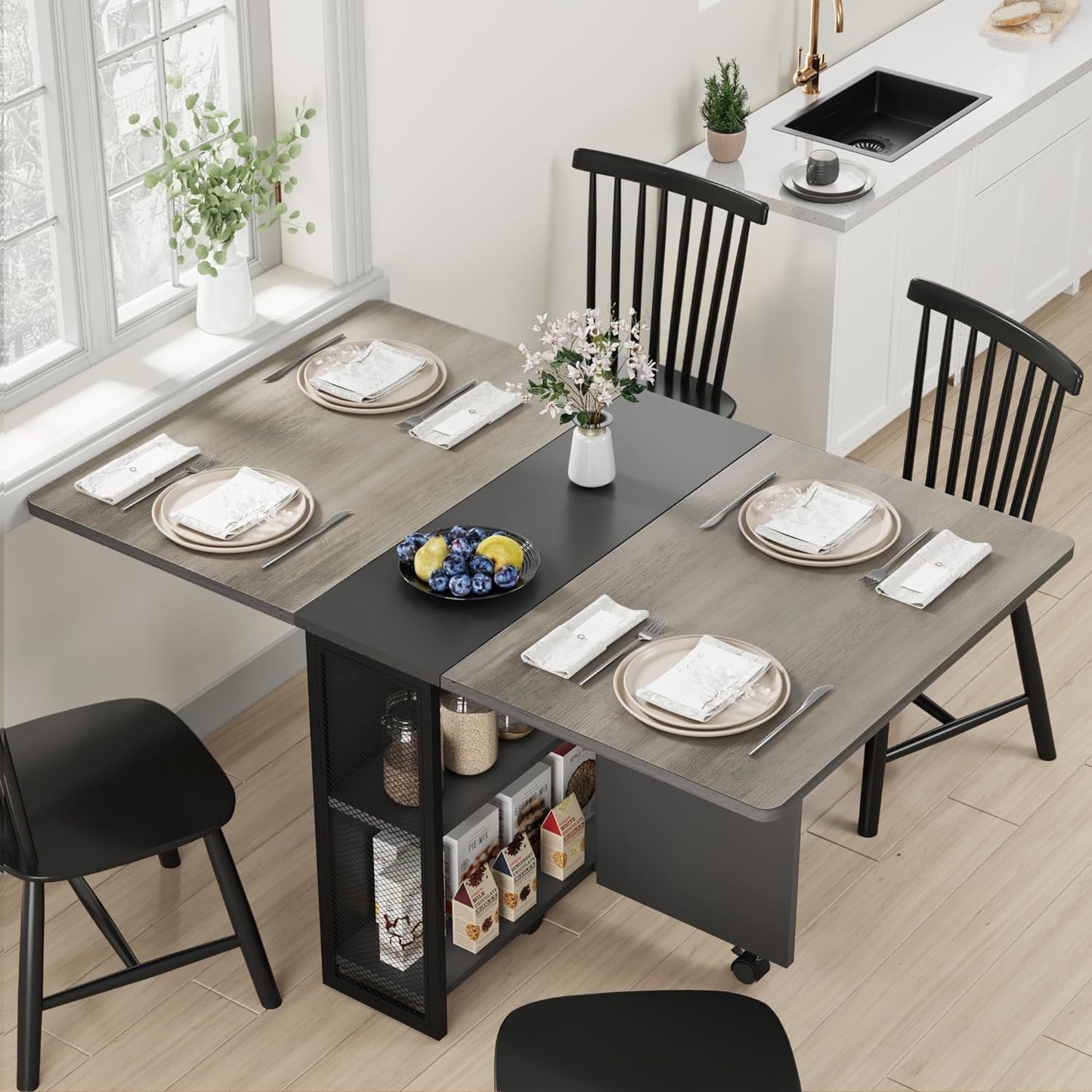 GarveeHome Folding Dining Table, Space Saving Farmhouse Dining Table for 4 Storage Shelf, 6 Wheels Multipose Expandable Kitchen Drop Leaf Table for Small Space (Carlo Grey, 50.1"D x 31.4"W x 29.5"H)
