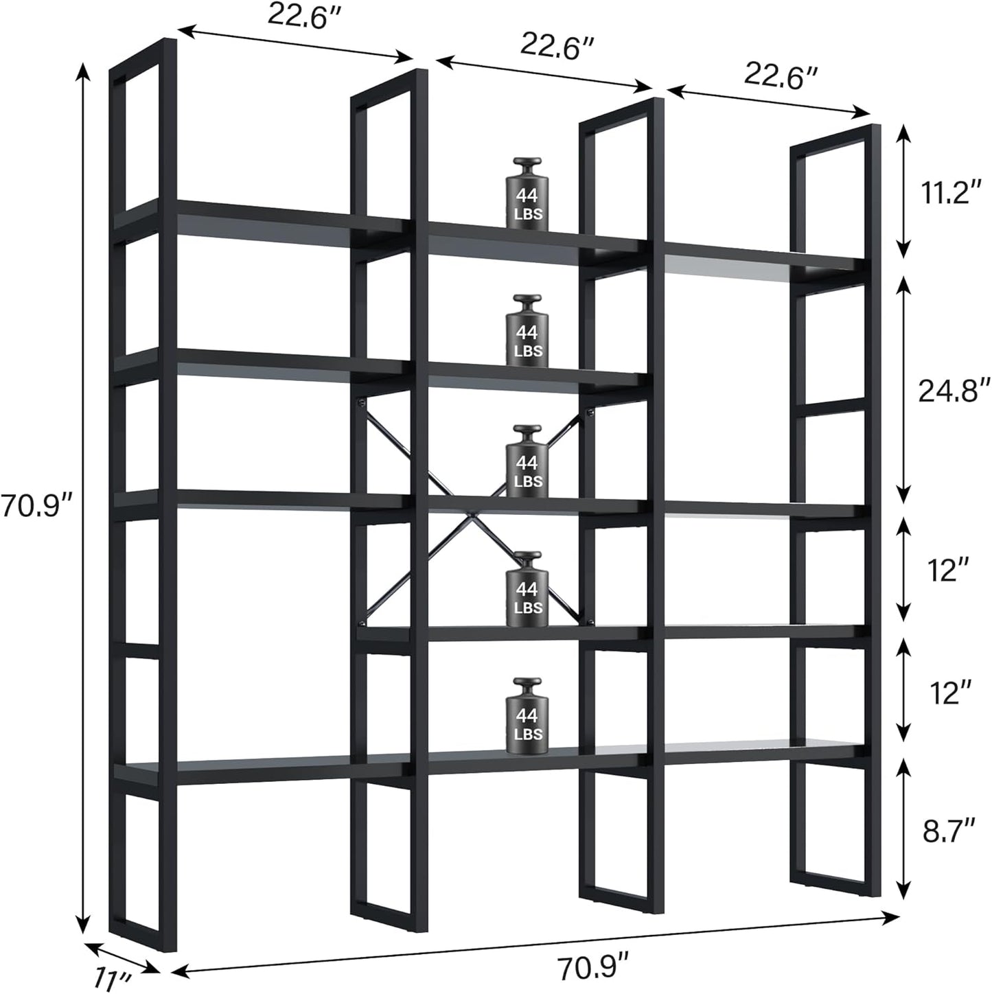 Semoic Large Bookshelf 5 Tiers, Triple Wide Geometric Bookcase, 71 Inches Tall Industrial Book Shelves Etagere Book Case, Sturdy Metal Frame, Freestanding Display Shelving Unit (Black)