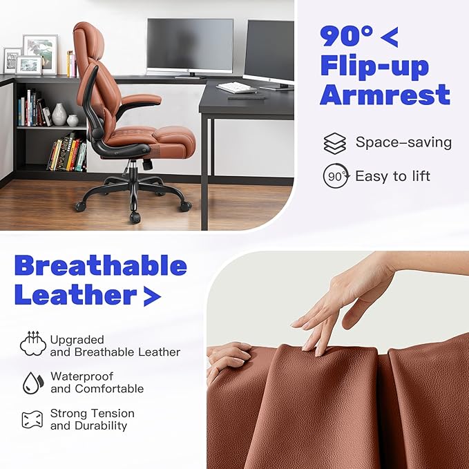 High Back Executive Office Chair - Ergonomic Computer Desk with Rocking Function, Leather Managerial with Adjustable Flip-Up Armrests and Lumbar Support