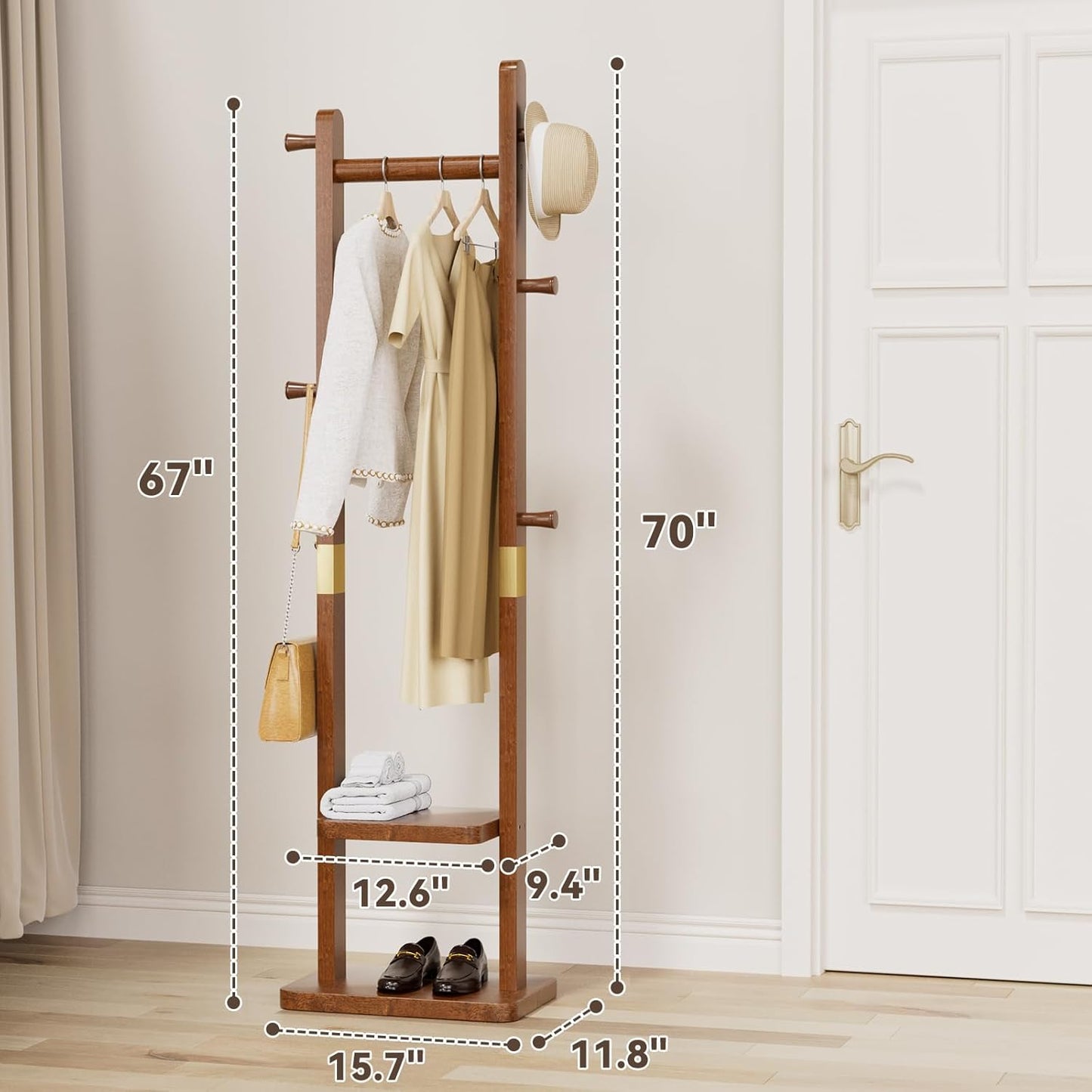 Solid Wood Coat Rack Clothes Rack, Coat Rack Freestanding with 2 Shelves and 5 Hooks, Heavy Duty Coat Tree for Entryway, Living room, Coat Hanger Stand for Hats, Bags Clothes(Walnut Brown)