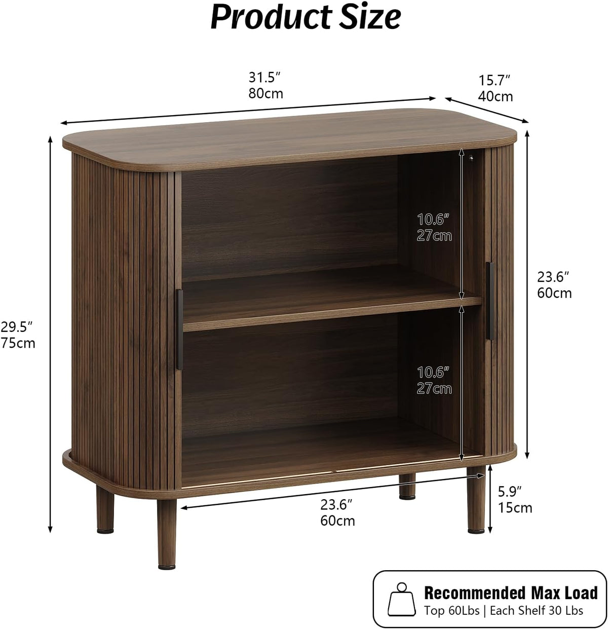 31.5" Sideboard Buffet Cabinet with Storage, Modern Walnut Accent Cabinet with Sliding Doors & Adjustable Feet, Small Credenza for Kitchen, Entryway, Living Room (Walnut, 15.8"D x 31.5"W x 29.5"H)
