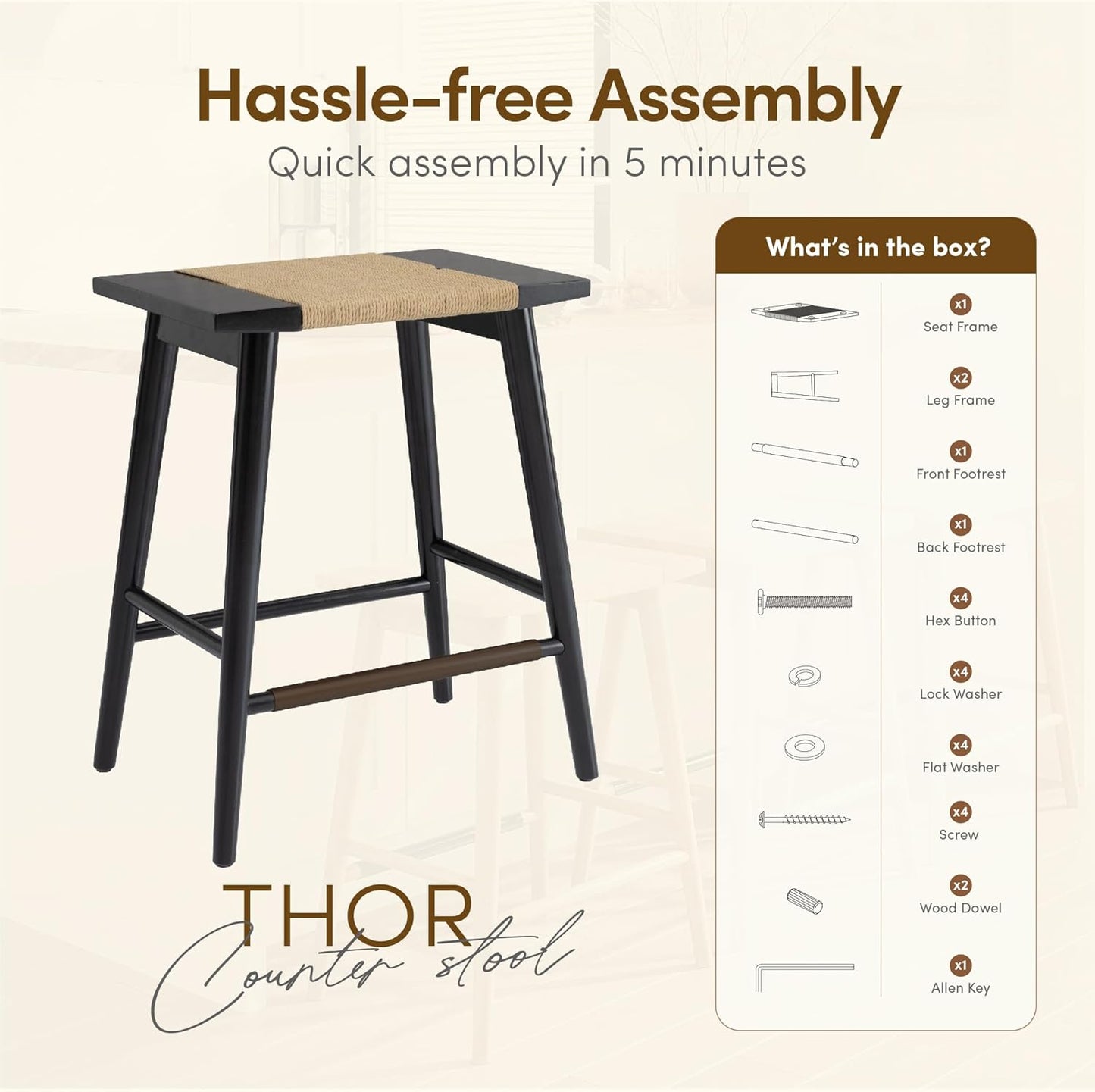 Thor Wicker Counter Height Wooden Counter Stool with Hand-Knitted Rope, K/D, Backless Island 24" Wicker Stool for Kitchen, Solid Wood, Eco-Friendly, Modern Design