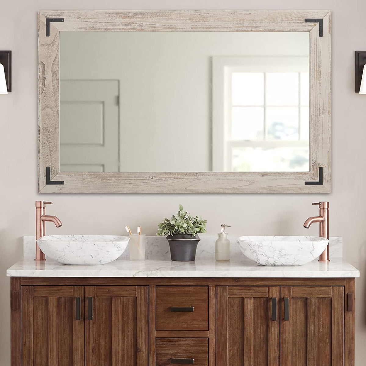 YOSHOOT Rustic Wooden Framed Wall Mirror, Natural Wood Bathroom Vanity Mirror for Farmhouse Decor, Vertical or Horizontal Hanging, 53" x 28", Grey