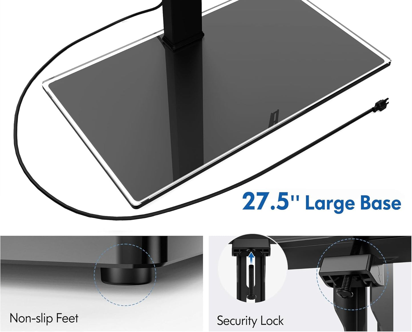 FITUEYES Universal TV Stand with Power Outlets for 50-85 inch TVs, Swivel&Height Adjustable Tall TV Stand for Bedroom Living Room, 27.5''Large Tempered Glass Base Holds up to 143 lbs.