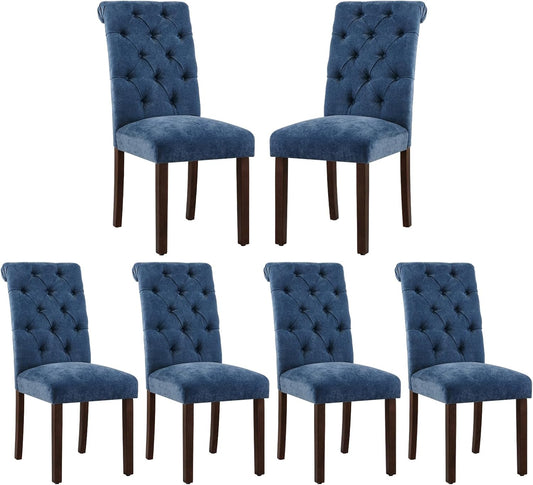 COLAMY Button Tufted Dining Chairs Set of 6, Parsons Upholstered Fabric Dining Room Chair Kitchen Chairs with Wood Legs and Padded Seat, Blue