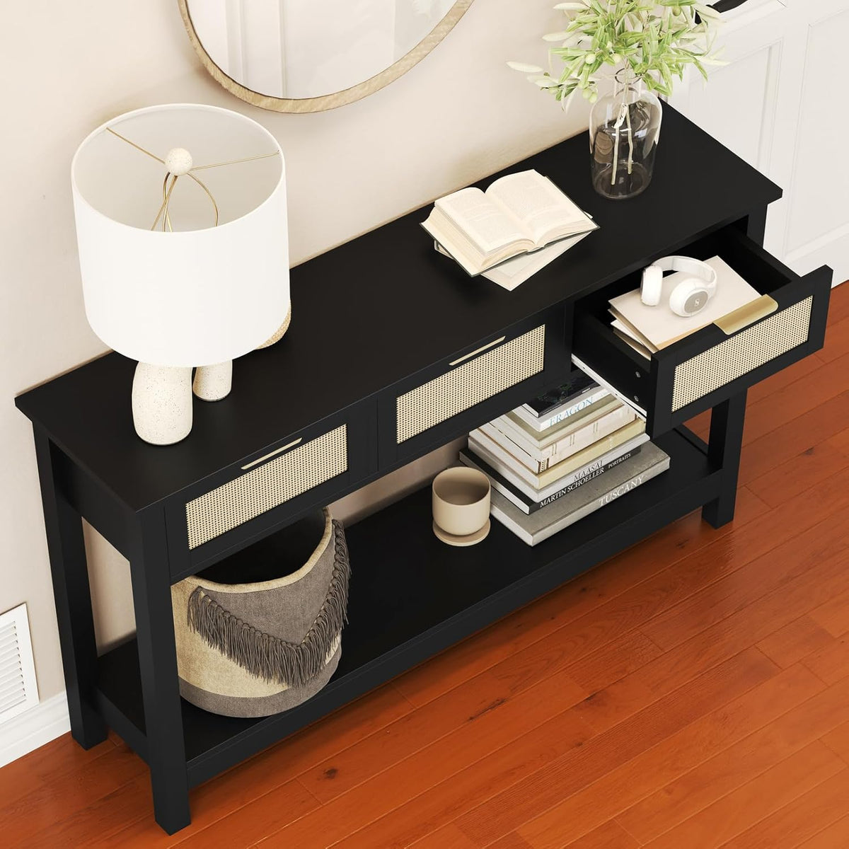 Luoxiao Entryway Console Table with 3 Rattan Drawers - Long Sofa Table Behind Couch Modern Fluted Hallway Living Room Storage Cabinet, Entry Table Open Shelf Foyer Furniture, Anti-Tip, Black, 47 Inch
