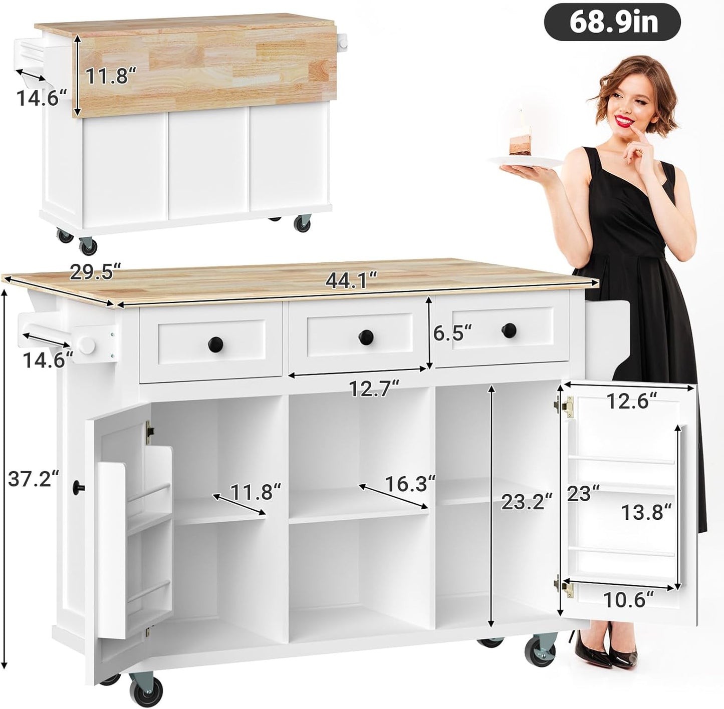 Rovibek Kitchen Island with Drawers 53 in Rolling Island Cart Mobile Solid Wood Portable Islands on Wheels with Storage Cabinet & Drawers, White