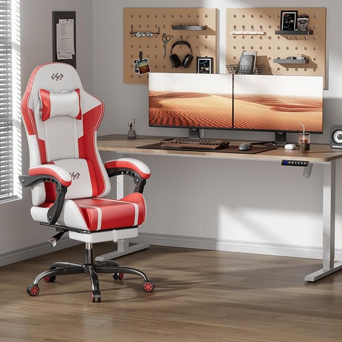 HLDIRECT Gaming Chair, Ergonomic Video Game Seat with 360° Swivel & Lumbar Massage, Computer Chair PU Leather Cushion for Adults Home/Office Use (White & Red)