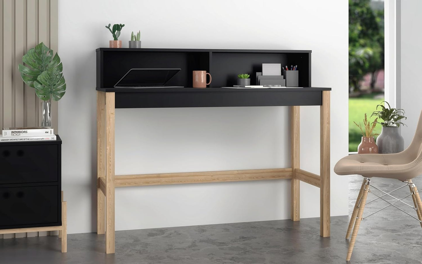 Manhattan Comfort Bowery 47 Inch Mid Century Modern Home Office Desk, Study Table or Entryway Furniture with 2 Cubbies and Rustic Wood Base, 24 inch, Black/Oak