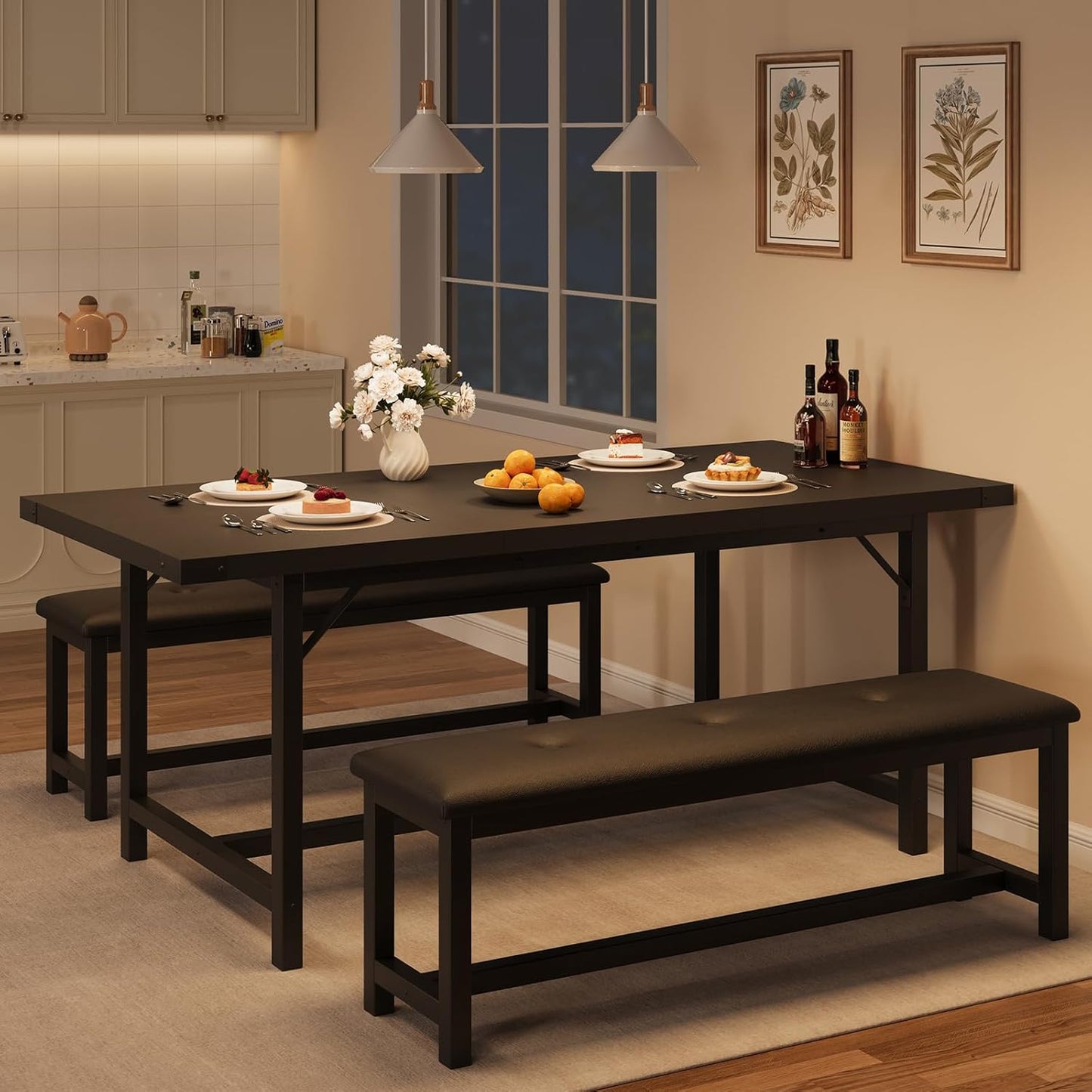 GarveeHome Dining Table Set for 4-6, 63" Extendable Wood Dining Room Table with Corner Protector & 2 Upholstered Benches, Kitchen Table Set for Apartment, Small Space, Easy Assembly, Retro Black
