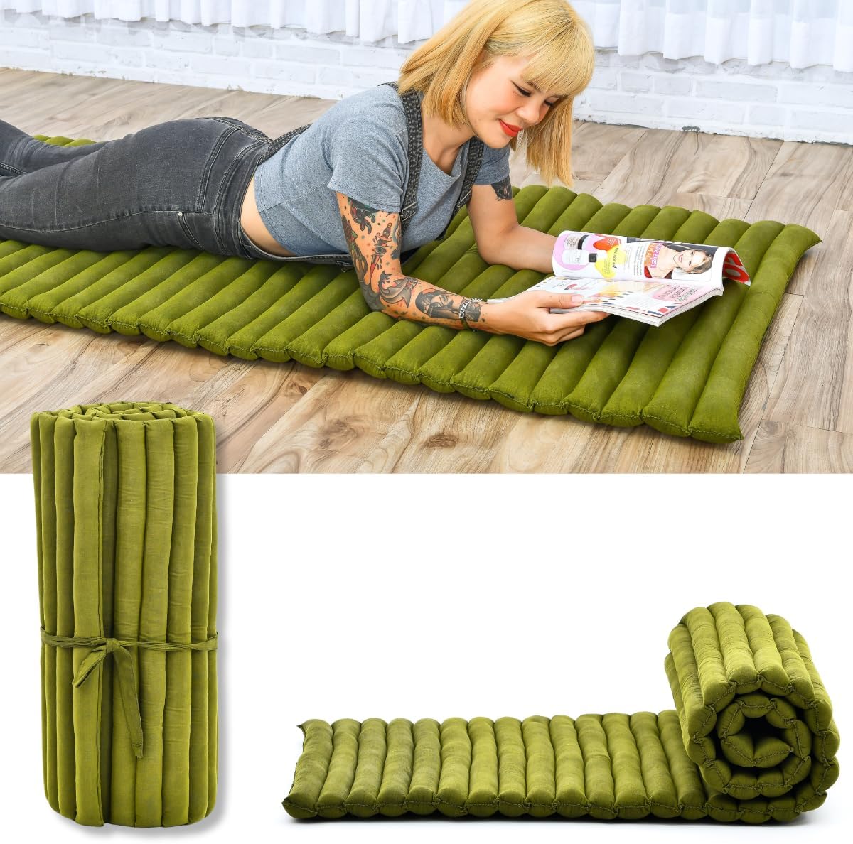 Leewadee - Foldable Floor Mattress - Japanese Roll Up Futon -Trifold Tatami Mat- Guest Floor Bed - Camping Mattress - Thai Massage Mat, Kapok Filled, 75 x 28 inches, Green