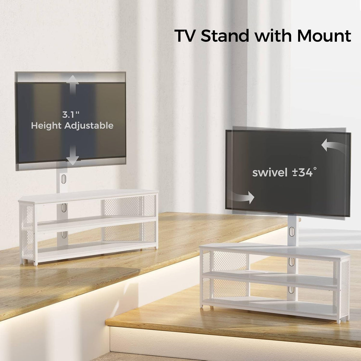 Rolanstar TV Stand with Mount and Power Outlet, Swivel TV Stand with LED Lights for 32/45/55/60/65/70 inch TVs, White Entertainment Center Media Console with Height Adjustable Mount