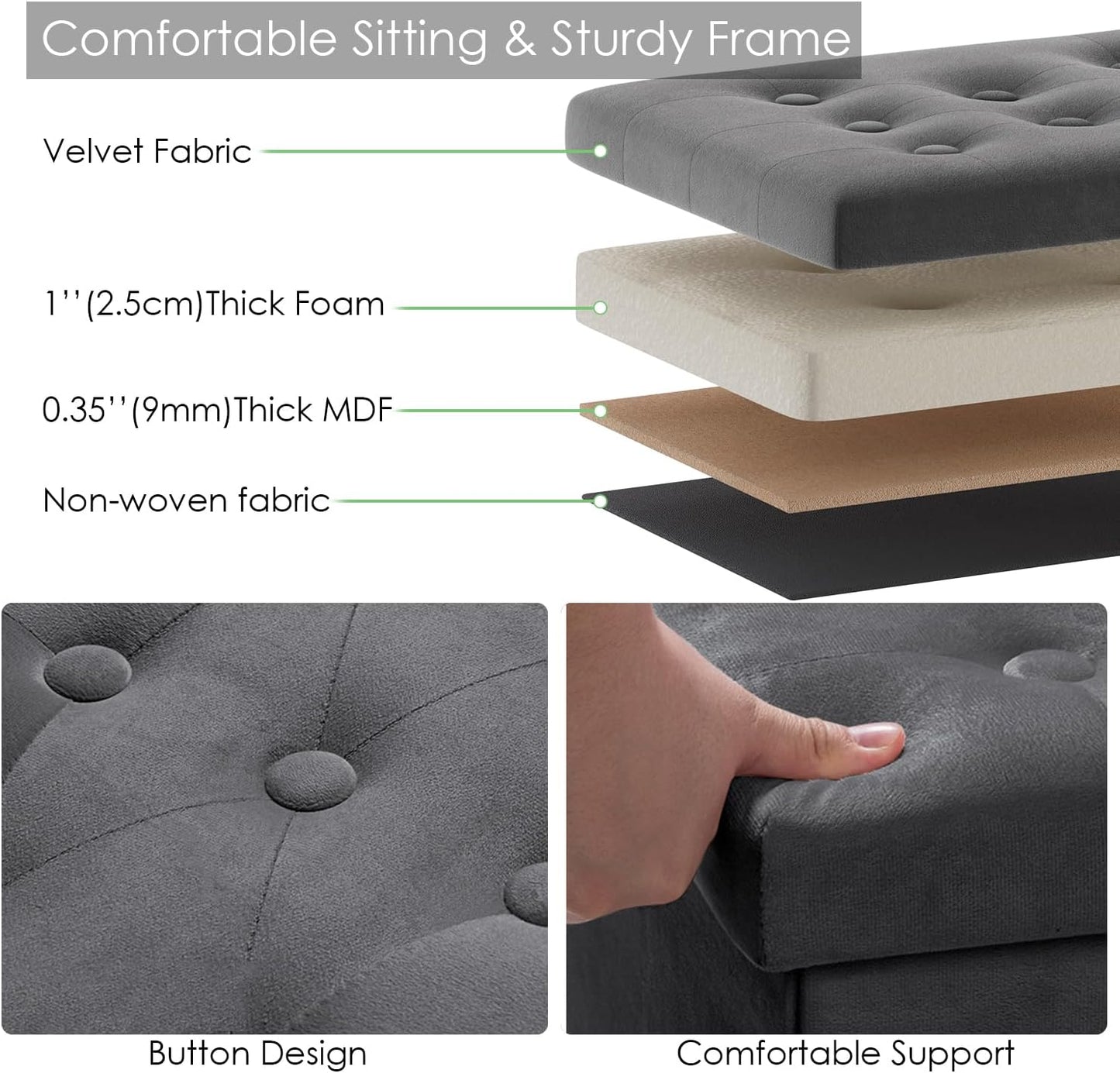 PRANDOM Jumbo Ottoman with Storage [1-Pack] Velvet Folding Small Square Foot Stool with Lid for Living Room Bedroom Coffee Table Dorm Dark Grey 43x15x15 inches