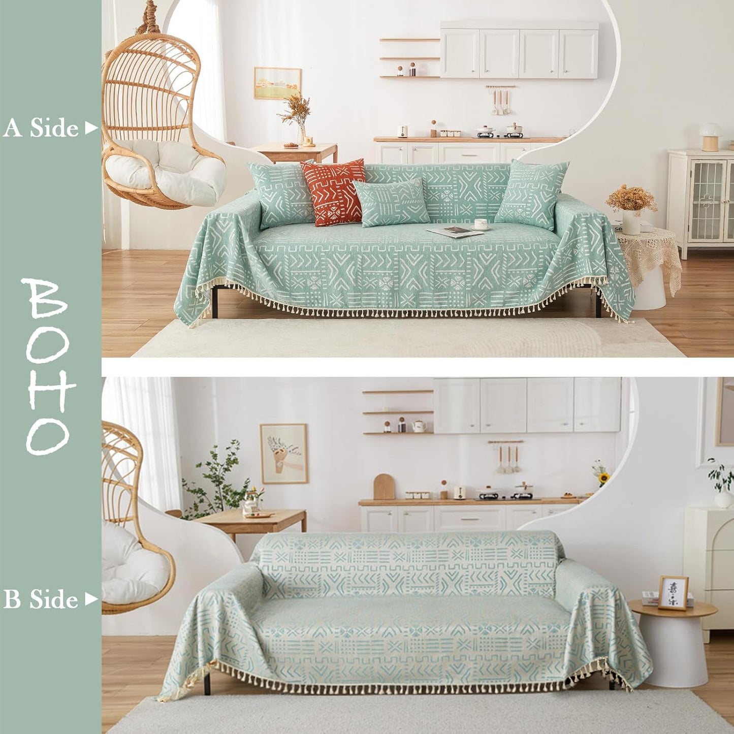 HANDONTIME Farmhouse Couch Cover Tassel Light Green Sofa Covers for Dogs Boho Décor Geometric Aztec Couch Cushion Cover Sofa Protector Cover Sectional Couch Covers for 3 Cushion Couch, 71" X150"